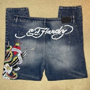 Ed Hardy Denim Jeans New York City Eagle Patch Distressed Jeans Men’s Size 38x30